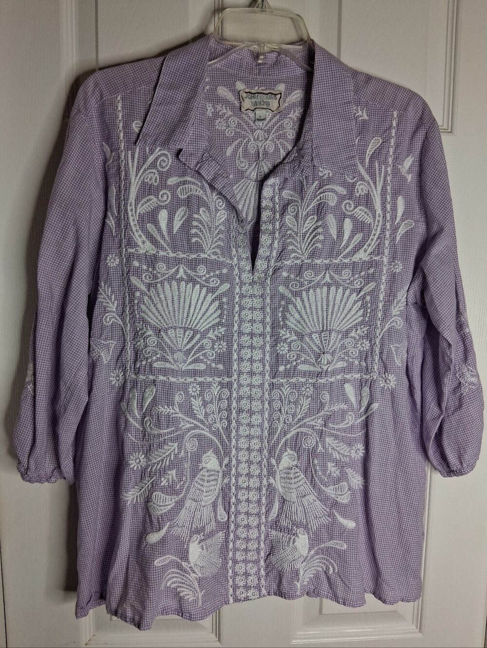 Johnny Was Workshop Lavender Checkered Embroidered Tunic Top White Size Large